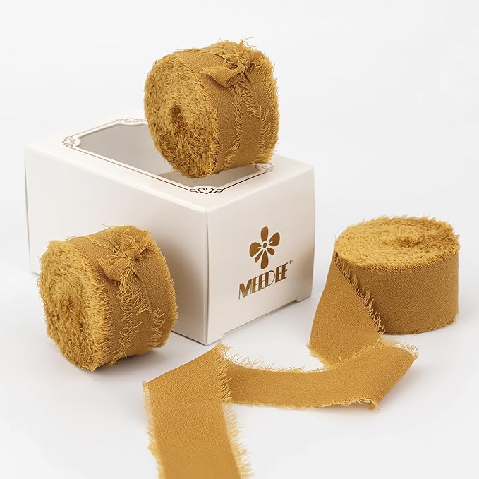 MEEDEE Ginger Yellow Chiffon Ribbon 1 Inch Frayed Chiffon Silk Fringe Ribbon Thin Chiffon for Crafts, Gift Wrapping, Wedding Invitation (3 Rolls 21 Yards)