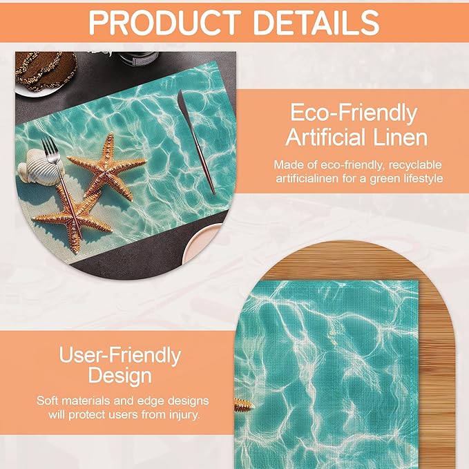 Beach Starfish Placemats Set of 6,Sea Washable Kitchen Dining Linen Table Mats for Home Party Dinner Indoor Outdoor 12x18Inch