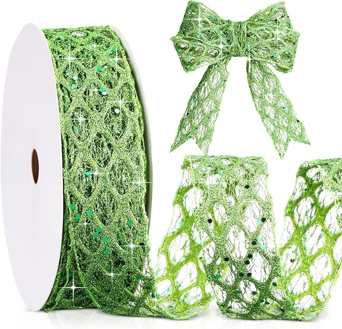 Geosar 20 Yards Green Glitter Mesh Wired Ribbon for Christmas Tree Decorations, Gift Wrapping, DIY Craft, Xmas Wreaths, Cabinet Decor (1.5 Inch)