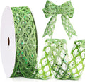 Geosar 20 Yards Green Glitter Mesh Wired Ribbon for Christmas Tree Decorations, Gift Wrapping, DIY Craft, Xmas Wreaths, Cabinet Decor (1.5 Inch)