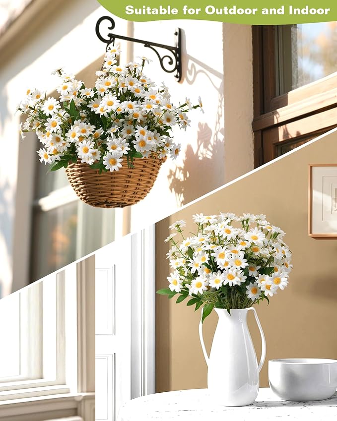 Artificial Flowers, 12 Bundles Daisy Flowers for Outdoors Planters (144 Blooms), Fake Wildflowers, Faux Plants with Silk Daisies for Front Porch Garden Patio Home Aesthetic (White)