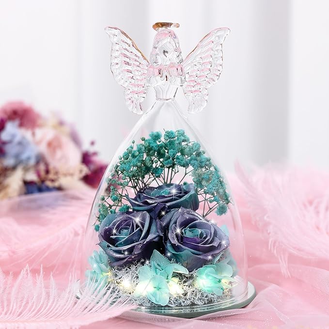 Christmas Rose Gifts for Women Preserved Real Flower in Glass Angel Figurines Roses for Delivery Prime Birthday Gifts for Mom Grandma Girlfriend Wife Her, GlitterPurpleAquablue
