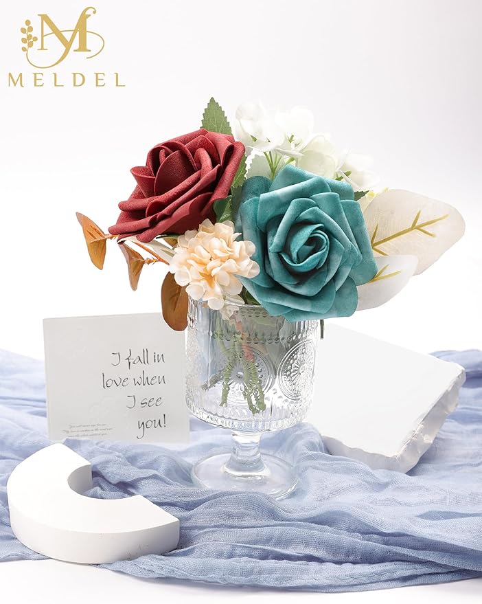 Meldel Artificial Flowers 25pcs Real Looking Dark Teal Foam Fake Roses with Stems for DIY Wedding Bouquets Bridal Shower Centerpieces Floral Arrangements Home Decorations Crafts Rose