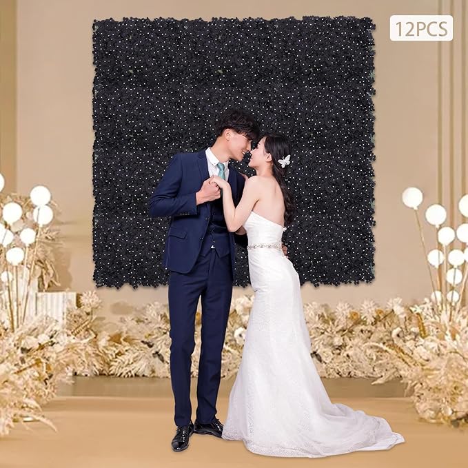 Flower Wall Panel Set,Black Artificial Wall Flower Backdrop,12 Pcs 23.62" X 15.75" 3D Silk Hydrangea Rose Floral Panel,Faux Roses Artificial Flower Backdrop for Wall Decor (12PCS-Black2)