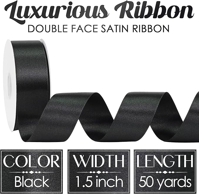 MEEDEE Black Satin Ribbon 1-1/2 Inch Black Ribbon Lux Double Faced Satin Ribbons by 50 Yards Polyester Satin Ribbons for Crafts, Weddings, Flower Bouquet, Holiday Decorating