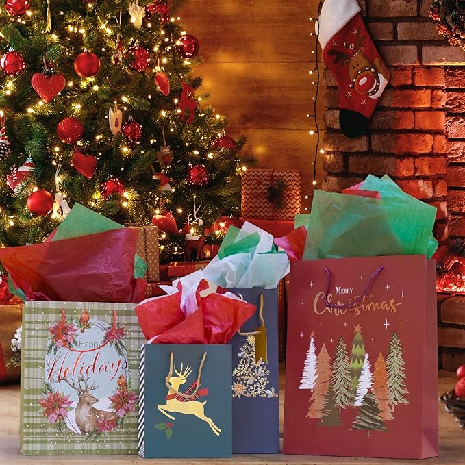 Smarimple Christmas Gift Bags 16 PCS Christmas Bags Bulk Assorted Sizes with Handles and 12 Sheet Tissue Papers 16 Holiday Designs 3 Jumbo 5 Large 6 Medium 2 Wine Bags for Xmas Holiday Present
