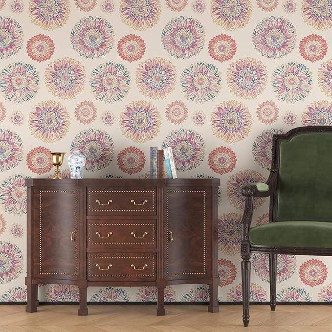 Boho Wallpaper Peel and Stick, Vintage Circle Floral Contact Paper, Abstact Beige/Blue/Pink Retro Flower Wall Paper Self Adhesive Removable Waterproof for Walls Shelves Cabinet Table 17.5" x 118"