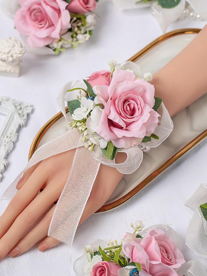 Meldel Pink Wrist Corsage for Wedding Bride Bridesmaids Bridal Shower, Set of 6, Corsages for Prom Suit Accessories, Mother of Bride and Groom, Wrist flower for Party Suit Decoration Ceremony