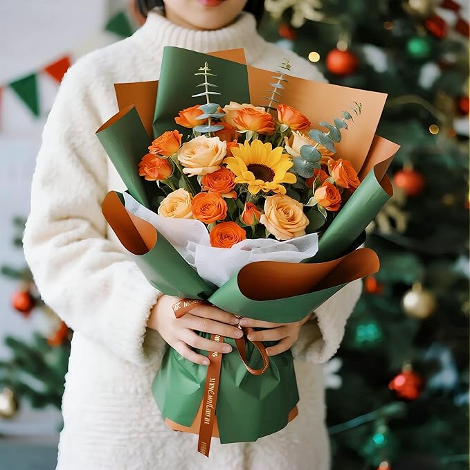 LeZakaa 20 Sheets Christmas Flower Wrapping Paper, Retro Green and Bronze Gold Design Waterproof Reversible Floral Bouquet Paper, for Valentines, Mothers Day, Party, Birthday, Wedding, Baby Shower