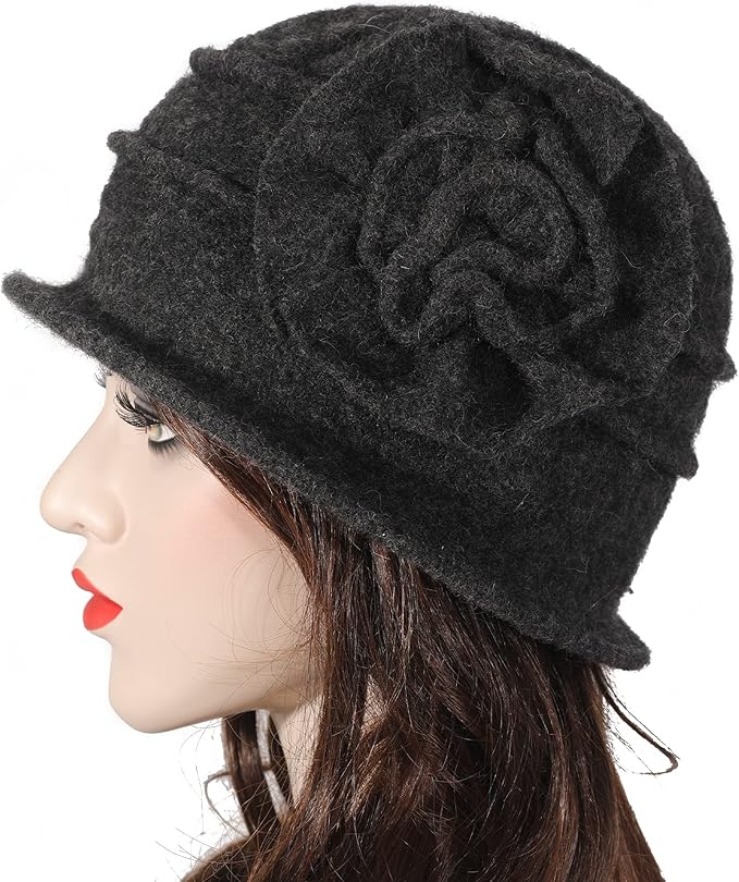 ZLYC Women Wool Cloche Bucket Hat 1920s Vintage Dress Winter Hats with Flower Accent