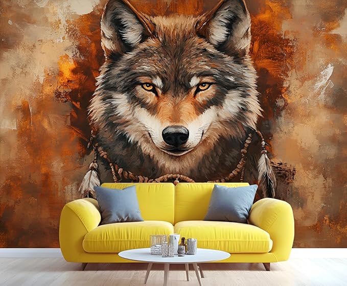 Wolf Dreamcatcher Wall Mural, Tribal Wolf 3D Wall Murals, Feathers Dreamcatcher Animal Totem Wallpaper Mural, for Living Room Bedroom Large Wallpaper Indoor Decor 59" W x39.4 H