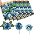 100 Pieces Artificial Foam Rose Flowers Faux Bouquet with Leaves and Stems for DIY Wedding Bouquets Centerpieces Bridal Shower Party Valentine Home Decorations(Blue Two Tone)