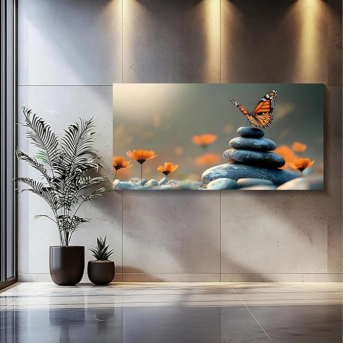 Iallbin Zen Stone Wall Art & Zen Wall Decor, Dark Smooth Rounded Stones Small Star-Shaped Golden-Yellow Flowers-for Yoga Meditation Room, Spa & Bathroom, Orange Monarch butterfly Art Deco Style, 58x29 Inches