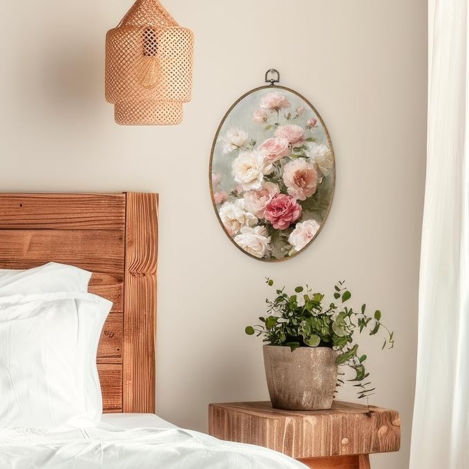 SHQIEUDH Vintage Pink Rose Floral Oval Wall Art 8.6x11.4, Cottagecore Flower Framed Canvas Prints Artwork, Retro Rustic Flowers Botanical Oval Wall Hanging Decor for Living Room Home Bedroom Kitchen