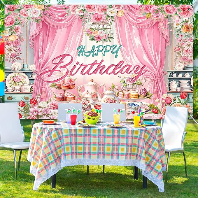 Tea Party Backdrop Let's Partea Happy Birthday Photography Background Wonderland Pink Rose Floral Teapot Women Tea Party Decor Banner Portrait Photo Booth Studio Props 7x5ft FU047YL