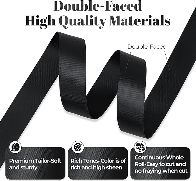 Black Satin Ribbon, Double Faced 5/8 Inch X 25 Yards Black Ribbon, Premium Satin Ribbons for Gift Wrapping, Crafts, Hair Bow Making, Sewing, Flower Bouquet, Wedding Party Decor