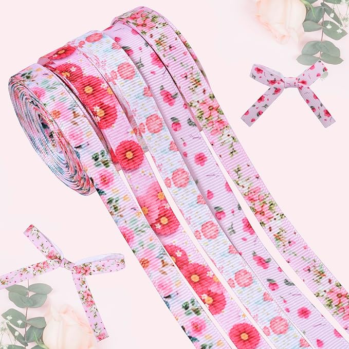 Floral Grosgrain Ribbon, 5 Rolls Flower Pattern Ribbon Spring Summer Fabric Decorative Craft Ribbon Roll for Gift Wrapping Decor Hair Bow Sewing Wreath Crafts (Pink Floral, 3/8 inch X 20Yards)