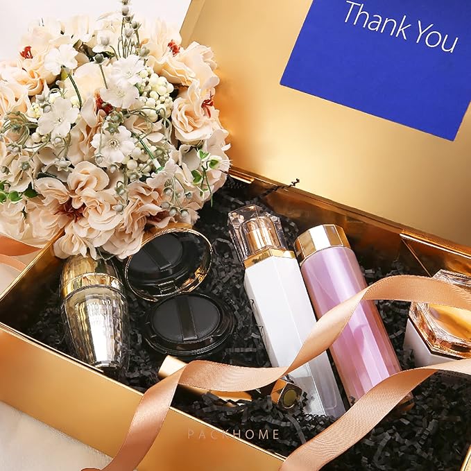 PACKHOME Large Christmas Gift Box with Lid 13.5x9x4.1 Inches, Sturdy Collapsible Gift Box with Magnetic Closure for Xmas (Glossy Gold)