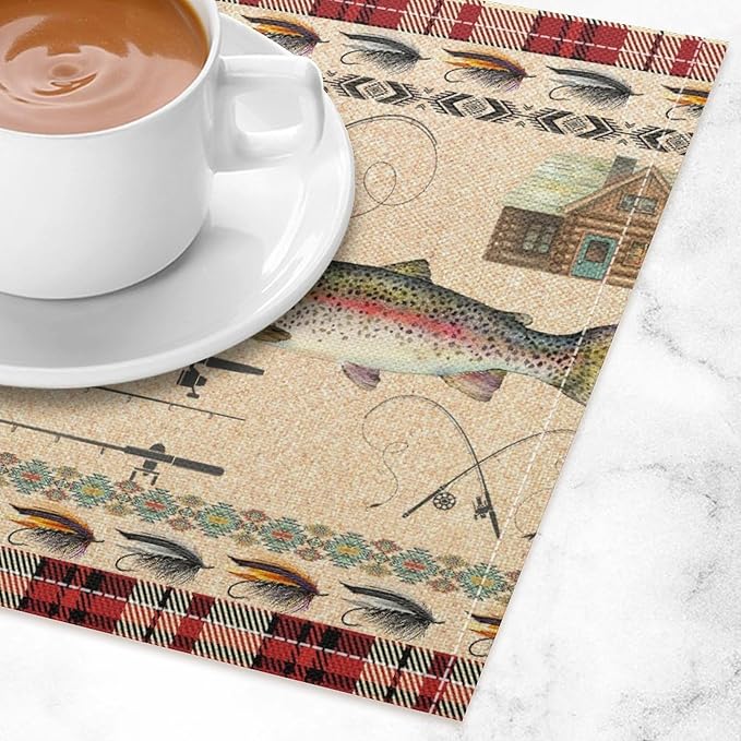 Rustic Cabin Bear Placemats Fishing Rods Lure Southwestern Check Plaid Red Art Printed Dining Table Mats Set of 4 for Home Kitchen Holiday Picnic Party Decor 12x18in
