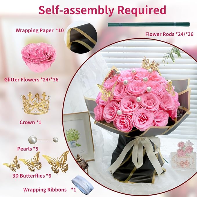 Glitter Roses Bouquet, Shiny Artificial Roses Flowers with Stems DIY Fake Glitter Flowers Bouquet for Valentine's Day, Mother's Day, Anniversary, Graduation, Birthday, Wedding, 36 Roses (Pink)
