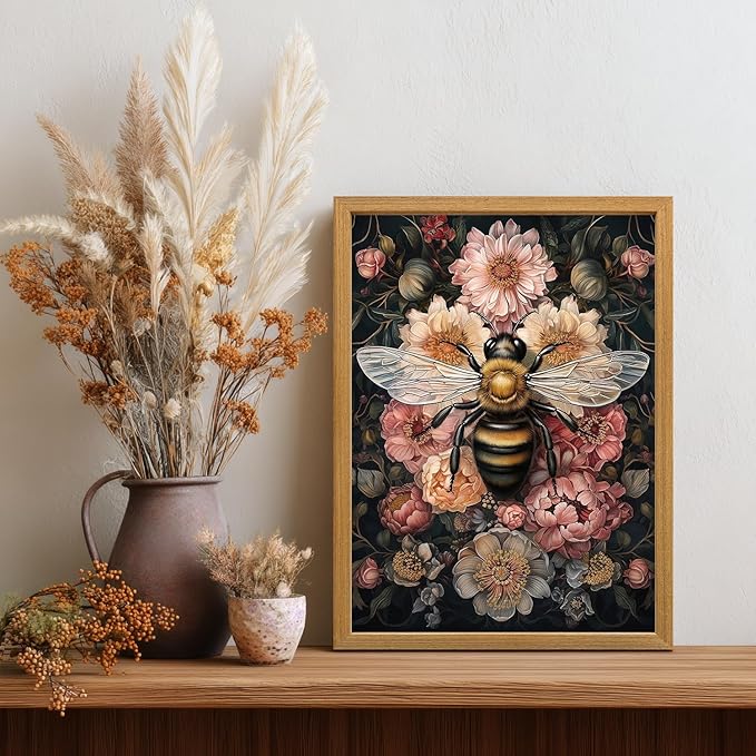 LLEEMPI William Morris Wall Art, Vintage Bee Floral Wall Decor, Insect Flower Canvas Painting, Abstract Nature Botanical Poster Print for Living Room Bedroom Kid Room Hallway Wood Framed 16x24 inch