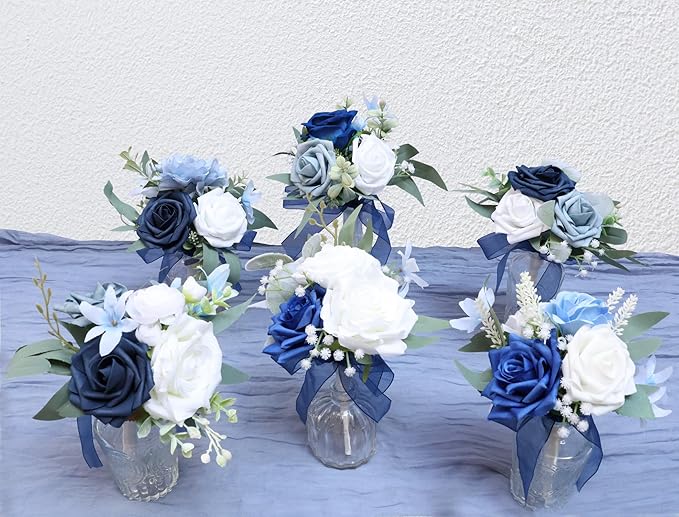 Marriwise Set of 6 Navy Blue Assorted Wedding Flower Centerpieces Pre-Made Mini Bridesmaid Bouquets Artificial Floral Rose Table Decor for Outdoor Beach Wedding Decorations Shower Home Decor