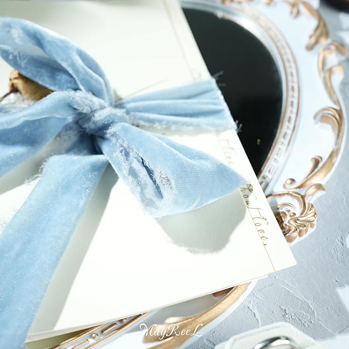 MAYREEL 2 Inch Dusty Blue Velvet Ribbon Hand Torn Slate Blue Silk Frayed Edge for Bridal Bouquets Invitations Wedding Vow Books Gift Baskets Hair Bows 3 Yards