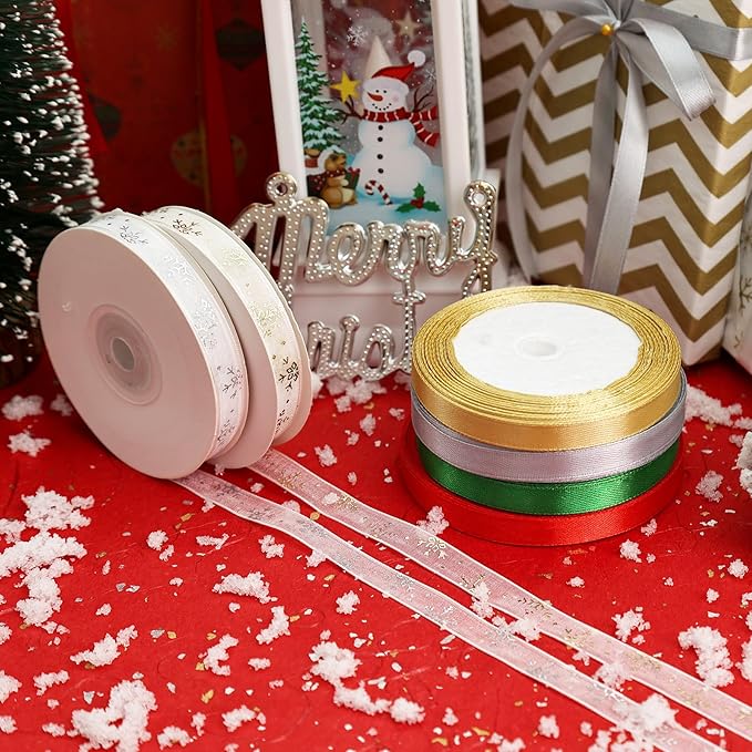 6 Rolls Snowflake Wrapping Ribbon 3/8 Inch x 150 Yards Glitter Fabric Holiday Festival Satin Ribbons for Wrapping Decoration Floral Bows Craft(Snowflake)