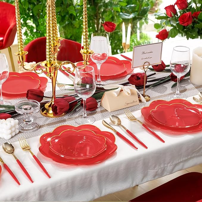 Supernal 102PCS Red Plastic Silverware, Gold Plastic Utensils with Red Handle, Gold Disposable Utensils Heavy Duty Includes 34 Forks, 34 Spoons and 34 Knives prefect for party, wedding & Mother's day