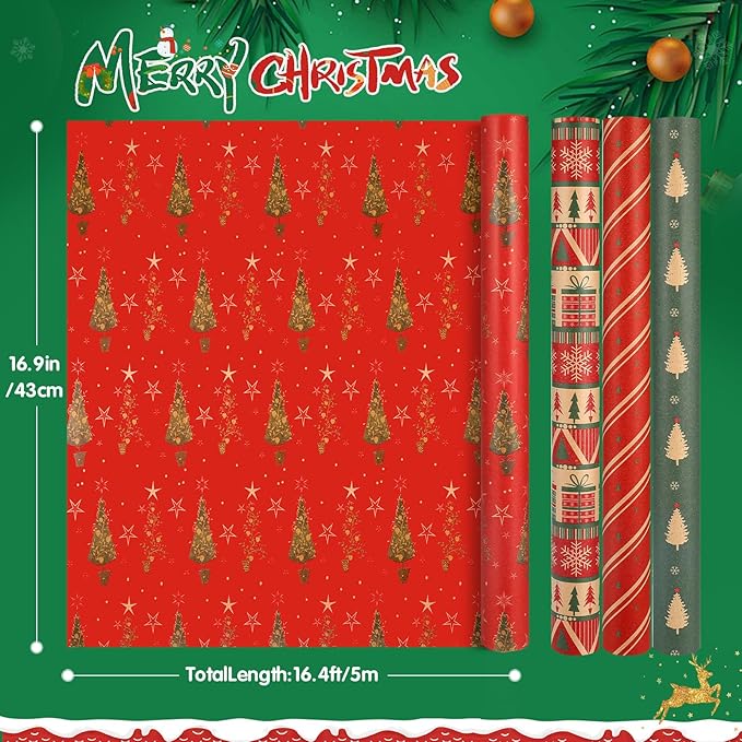 Panigkids Christmas Wrapping Paper(Including Jute Twine), 4 Rolls vintage wrapping paper with Geometric Stripes, Tree & Snowflakes Designs for Christmas Gift Wrap, Thanksgiving & Holiday & Party , 16.9'' x 16.4'