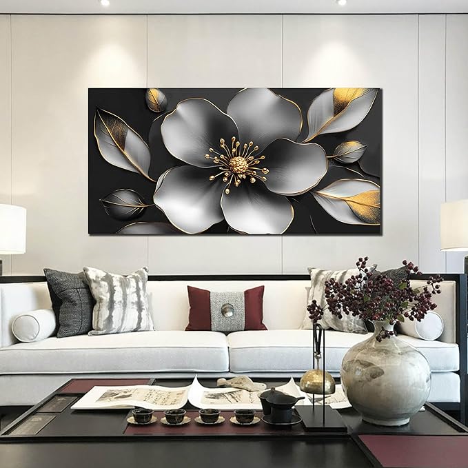 Large Canvas Wall Art for Living Room Bedroom Home Office Grey Metal Color Flower Picture Modern Canvas Prints Framed Wall Decor Size 29x59