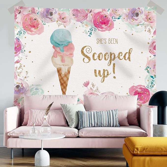 She's Been Scooped Up Backdrop Ice Cream Bridal Shower Party Pink Flowers Summer Photography Background Supplies Decorations Gift Floral Cake Table Banner Photo Booth Studio Props 7x5ft