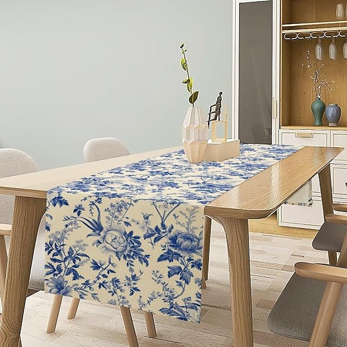 Vintage Blue Floral Table Runner, Retro Country Flowers Botanical Design Table Runner for Kitchen Dining Home Party Outdoor Indoor Decor, 13x120 Inch