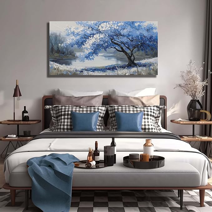 JuhaiArt Scenery Picture Wall Decorations Large Tree Wall Art Blue Canvas Wall Art for Living Room Bedroom Office White Poster 29"x 59"