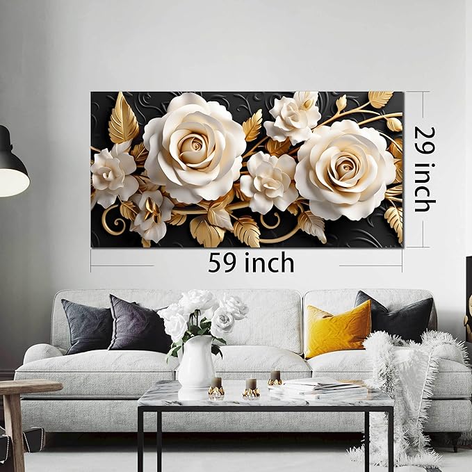 Flower Large Canvas Wall Art for Living Room Bedroom Home Office White and Gold Wall Art Blossom Picture Framed Wall Decor Modern Canvas Prints 29x59 In