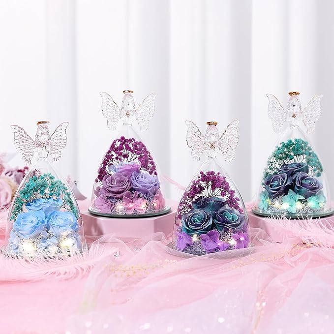 Christmas Rose Gifts for Women Preserved Real Flower in Glass Angel Figurines Roses for Delivery Prime Birthday Gifts for Mom Grandma Girlfriend Wife Her, Sky Blue White