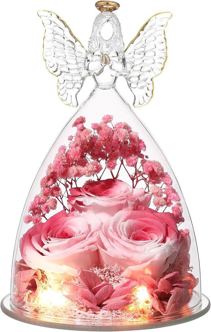 Christmas Rose Gifts for Women Preserved Real Flower in Glass Angel Figurines Roses for Delivery Prime Birthday Gifts for Mom Grandma Girlfriend Wife Her, Pink White