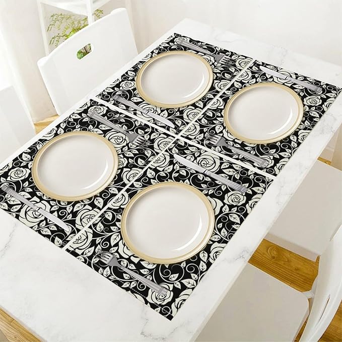 Retro Flowers Placemats Set of 8, 17x12 Inch Modern Aesthetic Black White Florals Leaves Art Print Table Mats for Home Party Kitchen Dining Decor