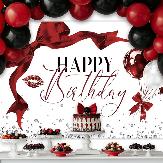 Burgundy Bow Happy Birthday Banner Backdrop 7Wx5H Photography Girls Coquette Birthday Decorations Red Balloons Background Women Bachelorette Party Decorations Banner Photo Booth Props Supplies