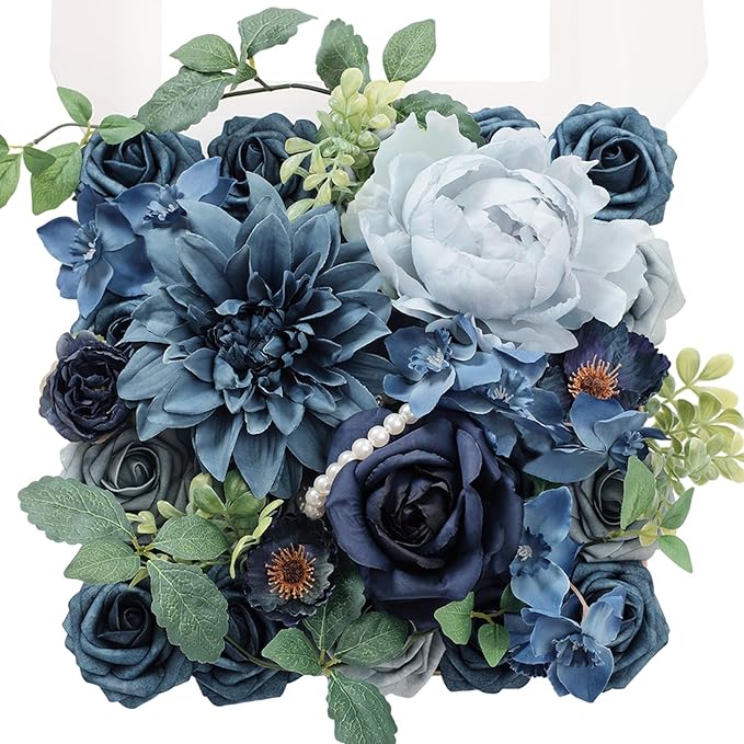 TINGE TIME Artificial Flowers Navy Blue Flower Combo for DIY Wedding Bouquets Table Centerpieces Arrangements Party Baby Shower Home Decorations