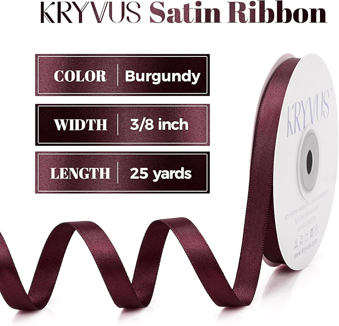 Burgundy Satin Ribbon, Double Faced 3/8 Inch X 25 Yards, Premium Polyester Satin Ribbon for Gift Wrapping, Crafts, Wedding Party Decor