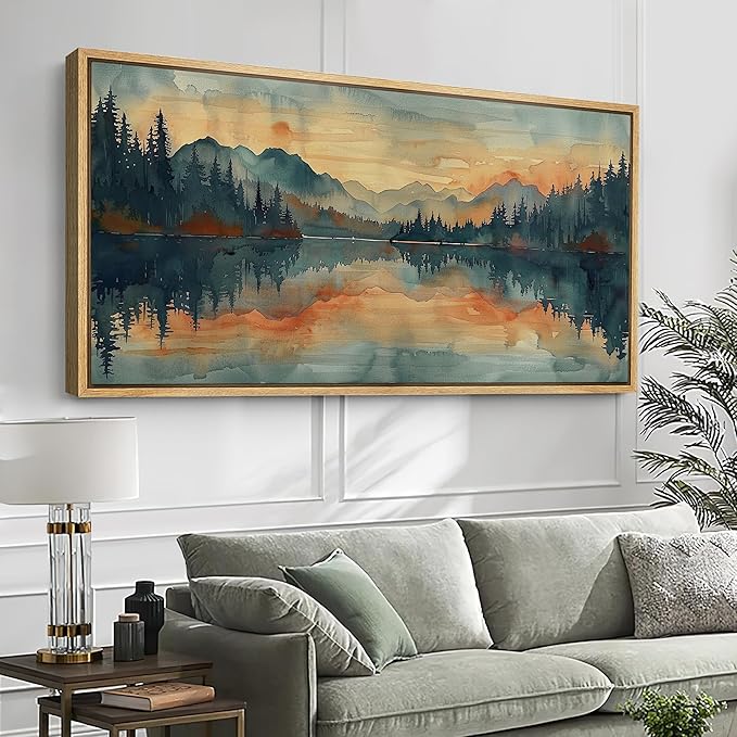 SIGNFORD Extra Large Framed Canvas Print Wall Art Peaceful Lake and Forest Illustrations Modern Art Calm Warm for Living Room, Bedroom, Office - 60"x30"