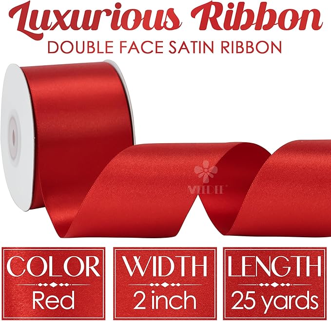 MEEDEE Red Satin Ribbon 2 Inch Red Ribbon Lux Double Faced Ribbons by 25 Yards Silk Satin Ribbons for Gift Wrapping, DIY Crafts, Weddings, Flower Bouquet, Holiday Decorating