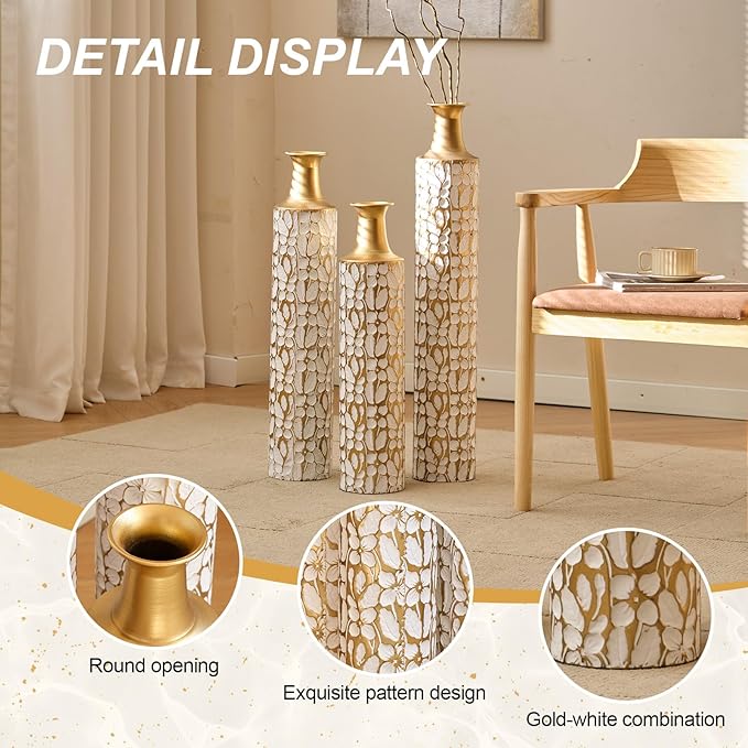 Floor Oversized Gold Metal Decorative Vase with 3D Triangle Pattern Set of 3 Large Vases for Home Living Room 33.5 ", 29.5 ", 25.2" High (Antique White)