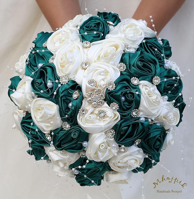 Bridal Wedding Bouquet Round Bling Brooch Bouquet Throw Toss Artificial Rose Flower Bunch for Bride Bridesmaid Wedding Quinceanera(Dark Green & Ivory, 6.3")