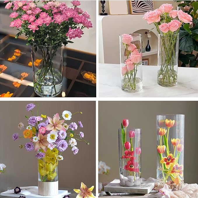 12 Pack Plastic Cylinder Vases, 4 6 8 10 Inch Tall Acrylic Cylinder Clear Flower Vase Set Bulk Glass Like Large Round Plastic Vases for Centerpiece Wedding Home Office (12)