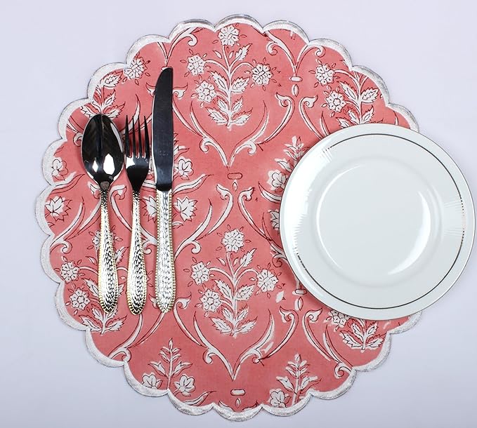 Ridhi Round Block Print Placemats Set of 4 Washable Round Placemats for Kitchen Dining Table 15 inch Round Indoor Cotton Fabric Table Mats