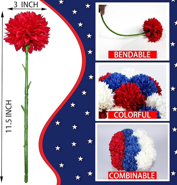 Tinsow 12 pcs Artificial Flower Patriotic Memorial Bouquet Red White and Blue Faux Ball Chrysanthemum Bouquet 4th of July Flowers Silk Flowers Arrangement for Home Party Centerpiece Vase Decor