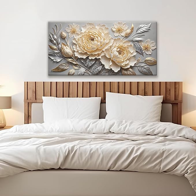 Canvas Art Wall Decor Prints Picture Flower Wall Art Landscape Painting Silver White Floral Wall Art Bedroom Bathroom Office Home Wall Decor 20" X 40" Ready To Hang