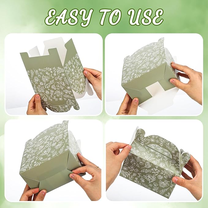 Dunzoom 24 Pack Green Floral Paper Gift Boxes Party Favor Gift Gable Boxes with Chinoiserie Floral Printed Candy Treat Box for Wedding Birthday Tea Bridal Shower Party
